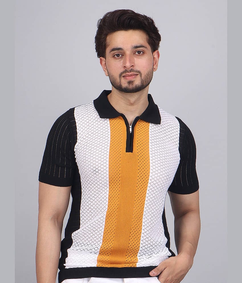 FEVERFEW Men Cotton Blend Regular Fit Striped Polo T Shirt ( Black )