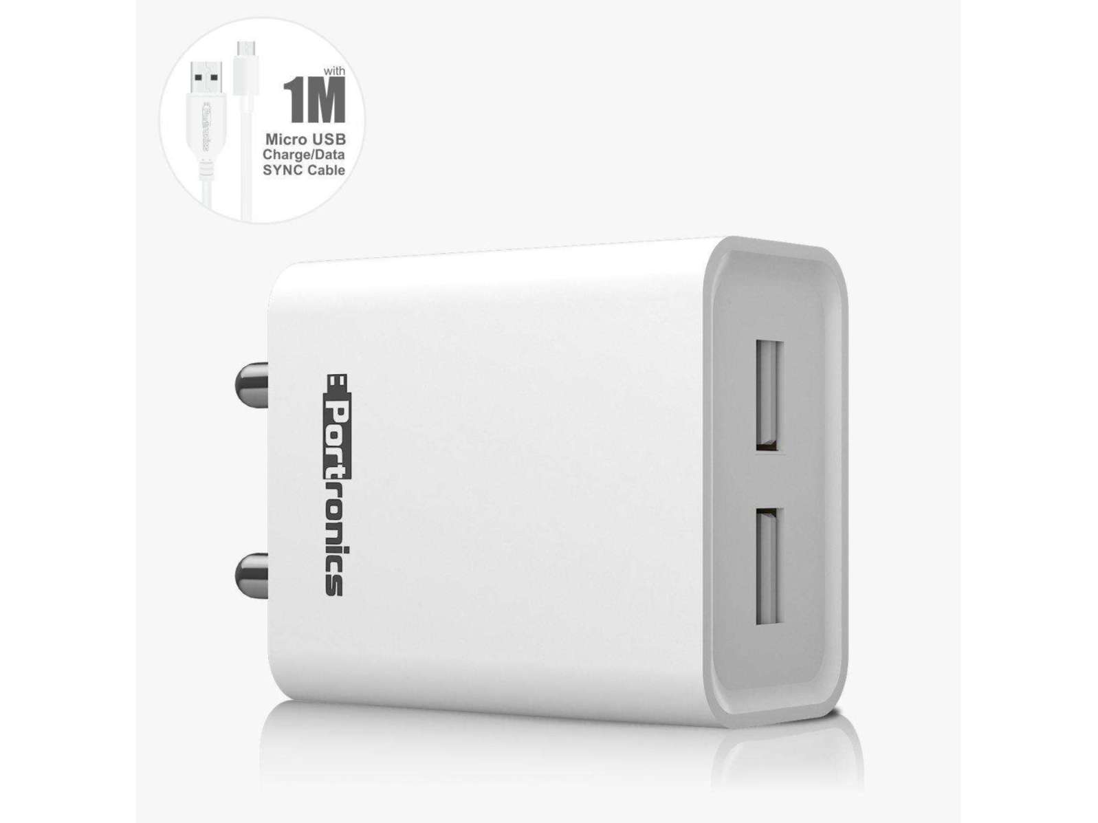 Portronics Adapto 66 2.4A 12w Dual USB Port 5V/2.4A Wall Charger,Comes with 1M Micro USB Cable, USB Wall Charger Adapter for iPhone - White