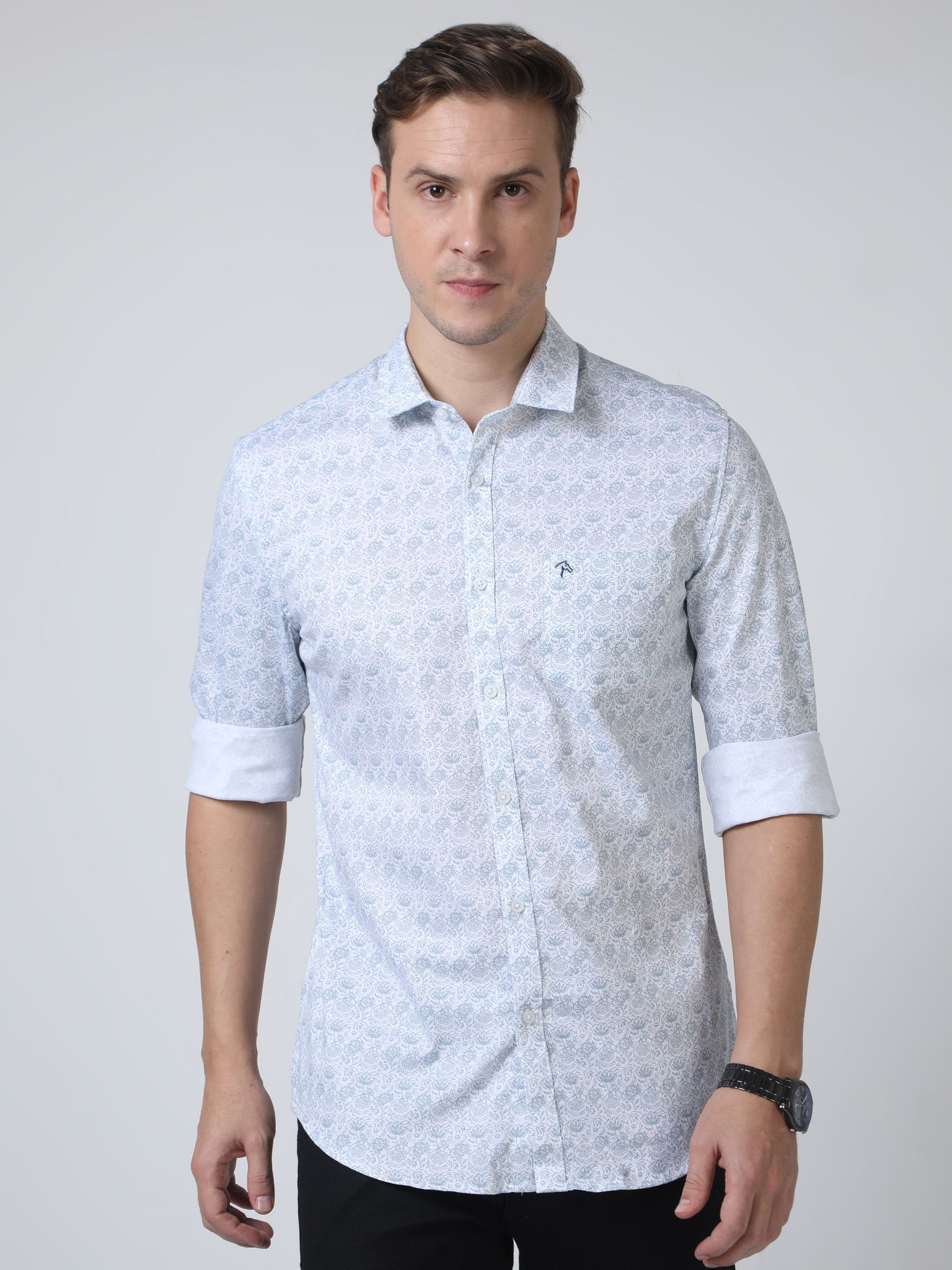 CP BRO Mens Pure Cotton Full Sleeves Printed Slim Fit Polo Neck Aqua Blue Color Woven Shirt | Sbo2-21 A-Fs-Prt-Bsl