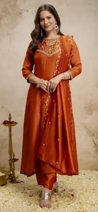 Vaidehi Fashion Cofee Anarkali Embroidered Vichitra Silk Kurta Set with Dupatta Embroidered Anarkali Kurta, Bottom & Dupatta Set