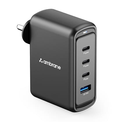Ambrane 100W GaN Charger: Fast Charging Adapter with 4 Ports (3 USB-C + 1 USB-A), PD Support, iPhone 050% in Minutes, Compatible with All iPhones, Android Phones, Laptops & MacBooks (charge100 Black)