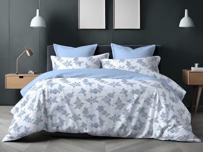 Alangrahaa Nira Floral Print Single Bedsheet Set with Pillow Cover, 152x229 cm, White and Blue
