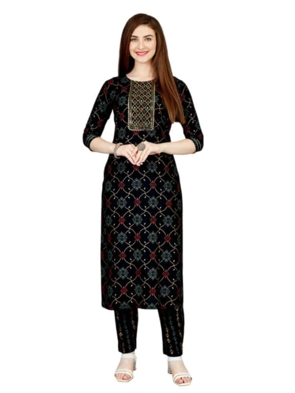 Women's Casual 3-4 th Sleeve Embroidery Rayon Kurti Pant Set (Black, M)-PID50204