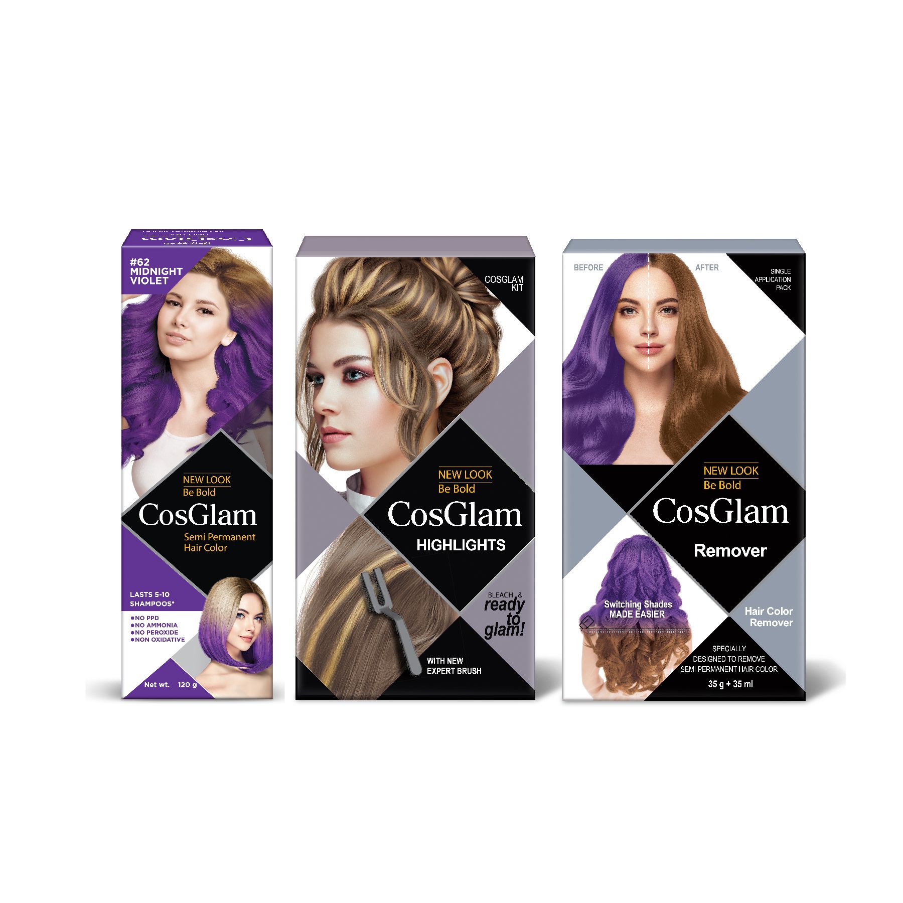 COSGLAM Combo Pack, Semi Permanent Hair Color Midnight Violet 120g, Hair Highlighter Kit 115g & Hair Color Remover 70ml