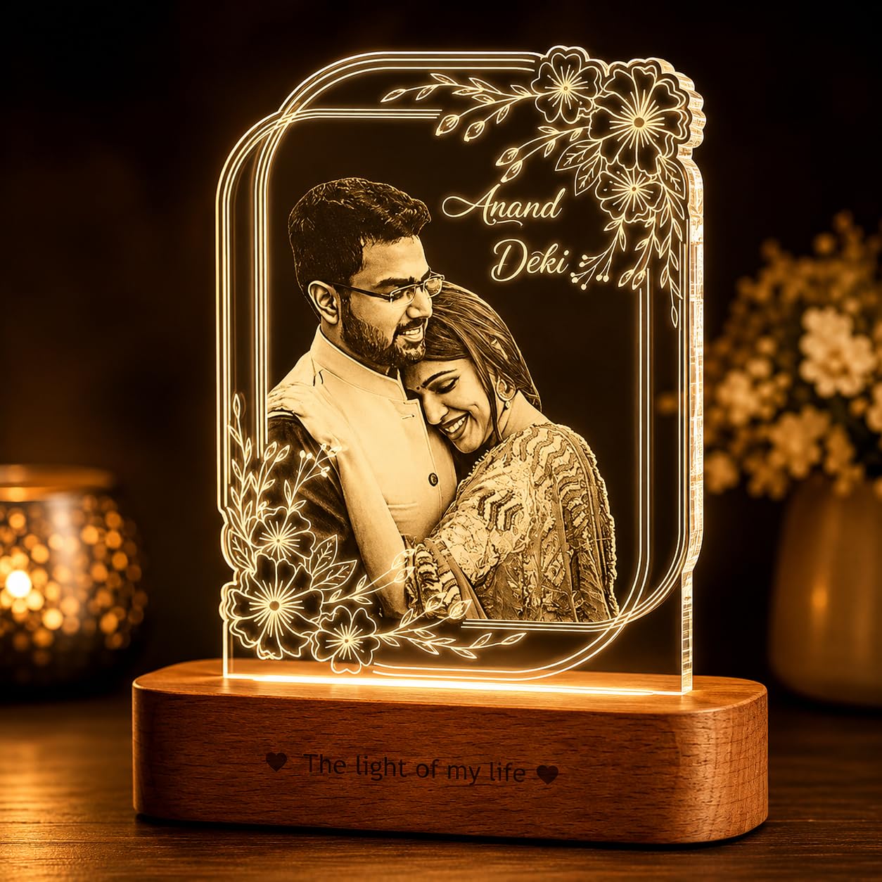 ZOCI VOCI Precious Love - Personalized LED Photo Lamp for Couple, Customized Engraved Acrylic Photo Frame Night Light, Anniversary Custom Gift for Couple, Wife & Husband, Dad & Mom, Warm White Light