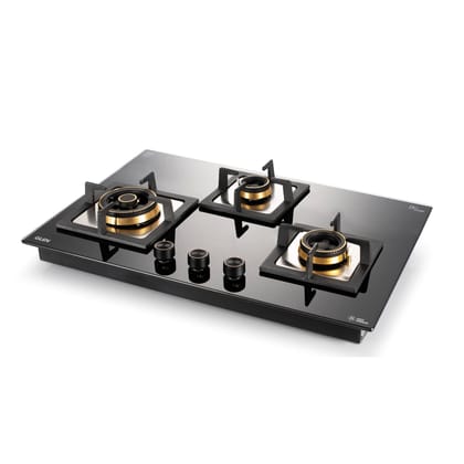 3 Burner Extra Large Glass Gas Hob Top with Triple Ring, Total Double Ring Brass Burner (1073XLCIHTTDBBL)