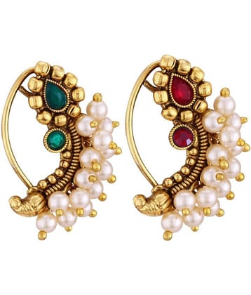 Vivastri Premium  Guccheddar Pearl Studded Maharashtrian Style Nath For Women & Girls-VIVA1256NTH-CMB-(RED-GREEN)