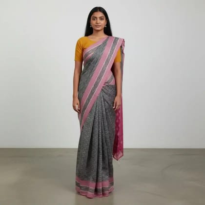 Pochampally Mercerized Cotton Saree in Dark Gray with Temple Border Pochampally Mercerized Cotton Saree in Dark Gray with Temple Border