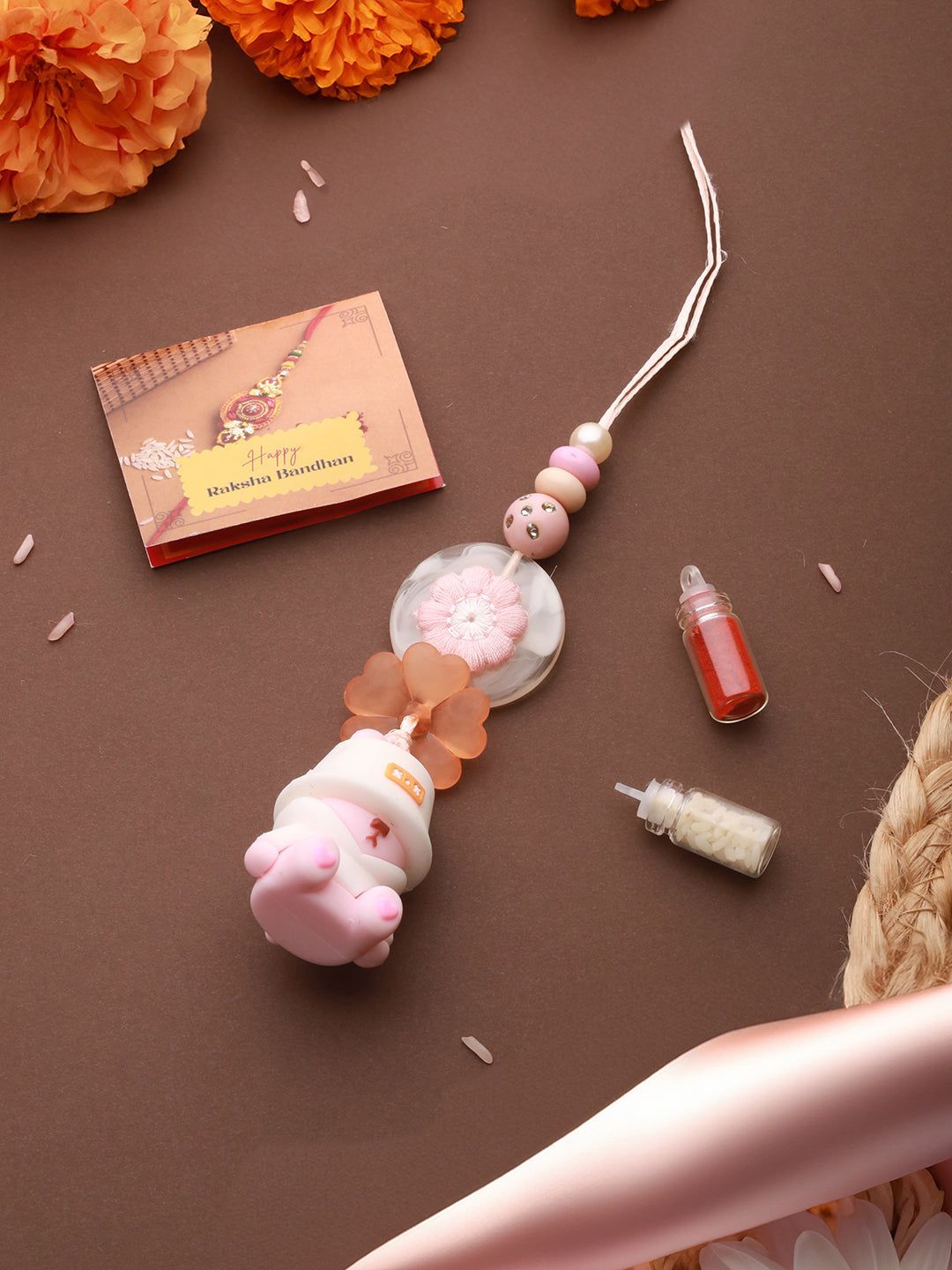Cute Pink Doll Toy Rakhi Lumba for Girls with Roli Chawal
