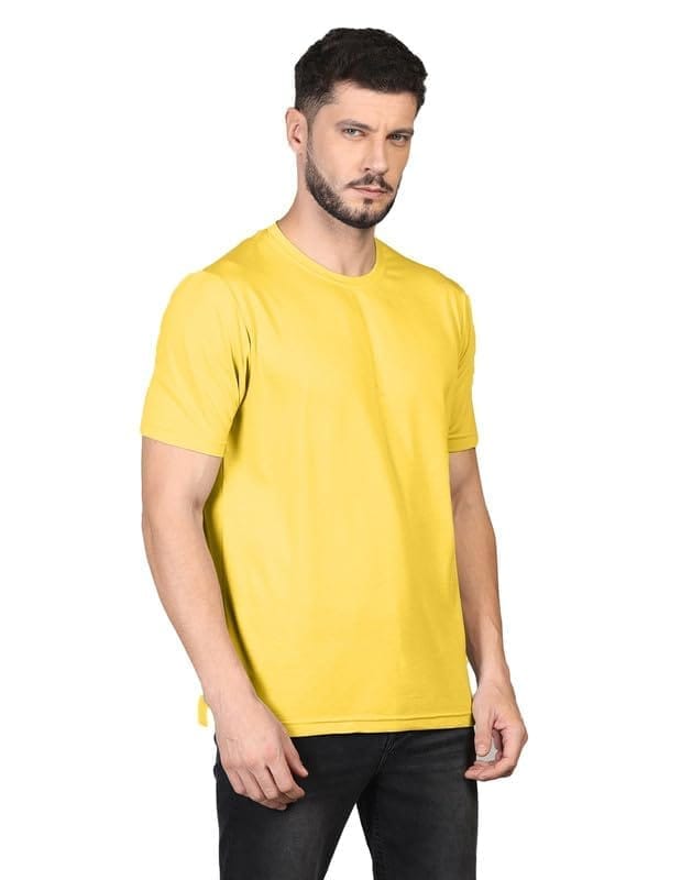 Men's Casual Half Sleeve Solid Cotton Blended Round Neck T-Shirt (Yellow, L)-PID47115