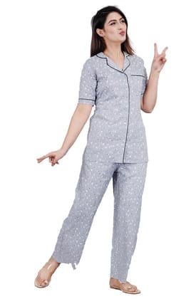 Women's Casual Half Sleeve Printed Viscose Rayon Shirt with Pyjama Pant Night Suit Set (Grey, S)-PID47195