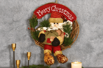 Christmas Wreath Pendant - 35CM Santa Claus Snowman Deer Wood Rattan Ring Xmas Hanging Decor
