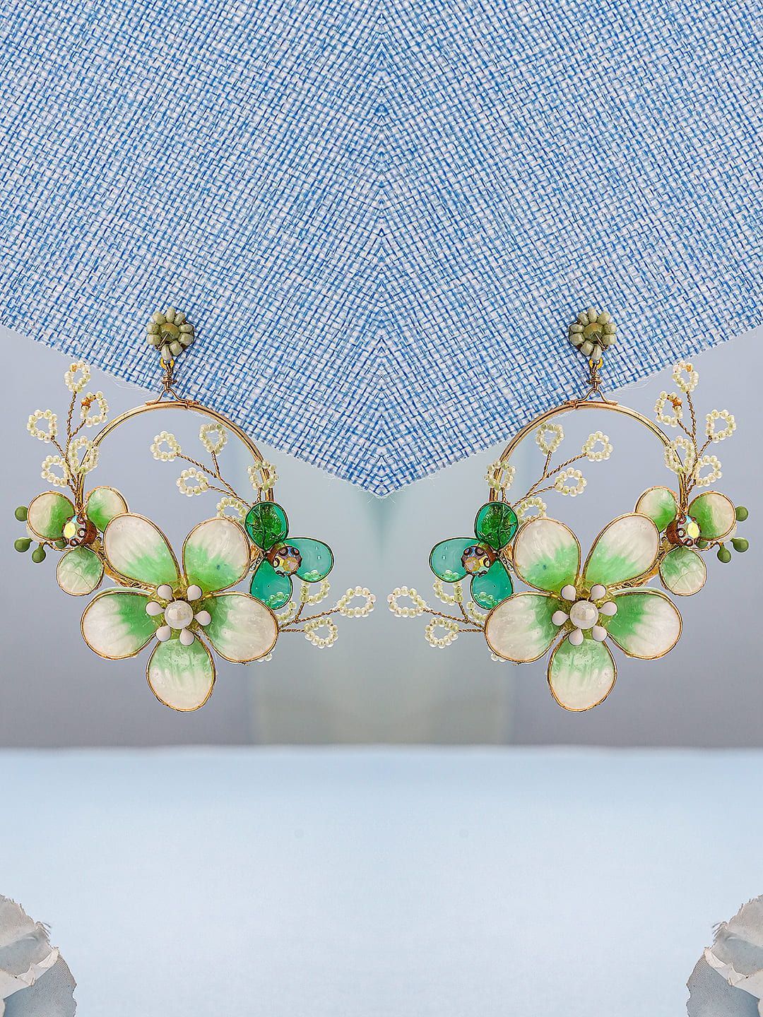 Green & White Enamelled & pearl Beaded  Floral Statement Earrings