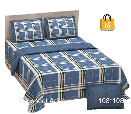 3001-Hometrade India-Standard King Size (90*108 Inches)-Pure Cotton Jaipuri Double Bedsheet With Matching Pillow Cover
