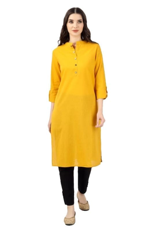 Women's Solid Calf Length Cotton Kurti (Yellow, XL)-PID46345