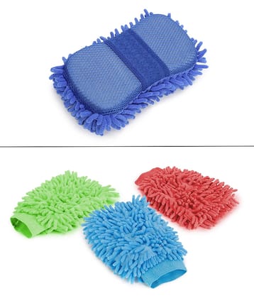 Mahek Accessories - Car Cleaning Combo of Microfiber Sponge & Gloves for car accessories( Pack of 4 )