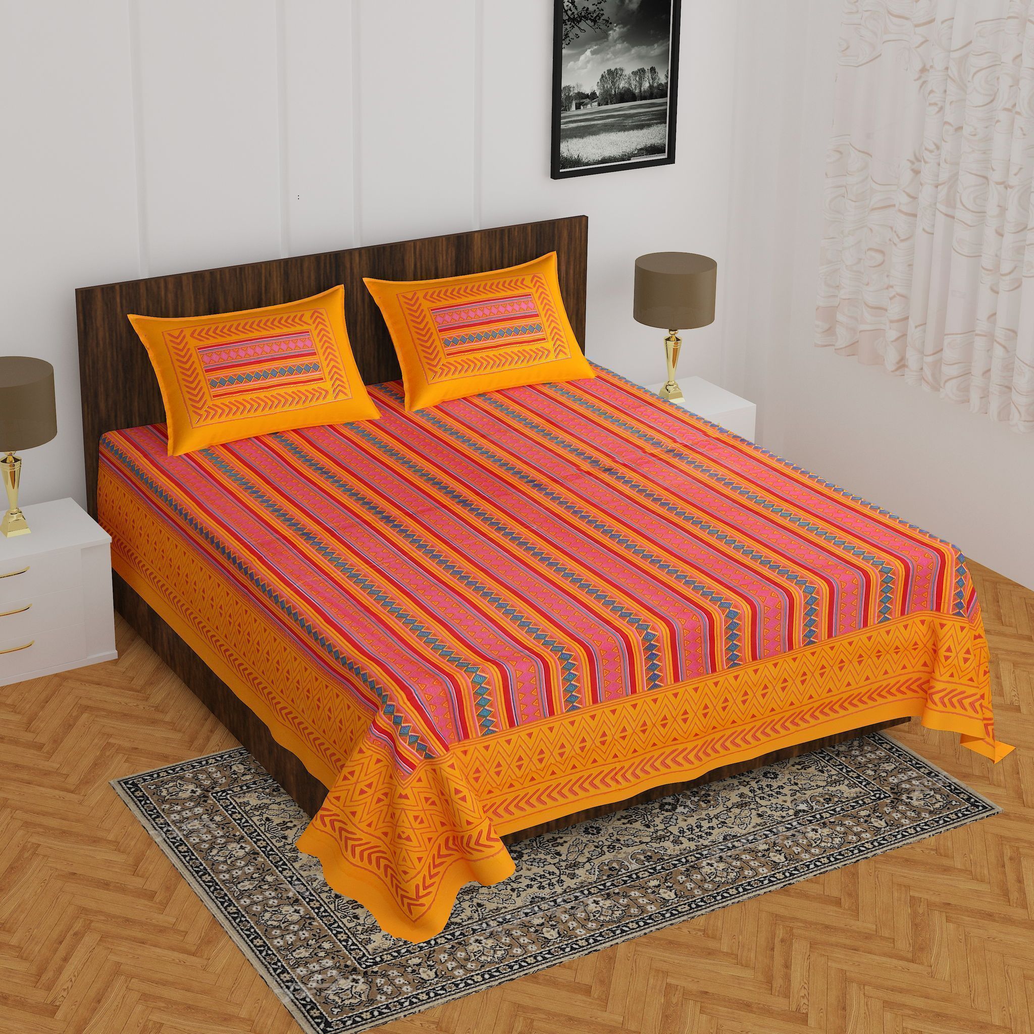 3001-Hometrade India-Standard King Size (90*108 Inches) Double Bedsheet With 2 Pillow Cover-RJ-14-Jaipur lining-3244