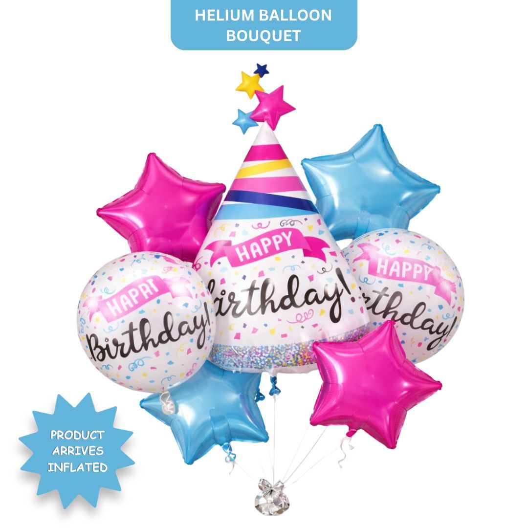 Happy Birthday Hat Shaped Helium Balloons Bouquet Set of 7