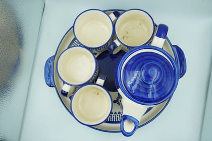Handcrafted Blue Pottery Tea Serving Set with Tray