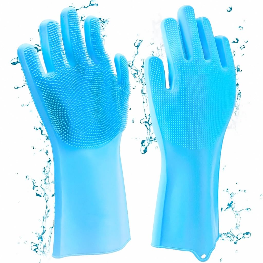 Multipurpose Silicone Scrubber Gloves for Dishwashing, Car Wash, Pet Bath, Kitchen & Household Cleaning Heat Resistant, Reusable & Durable (Blue)