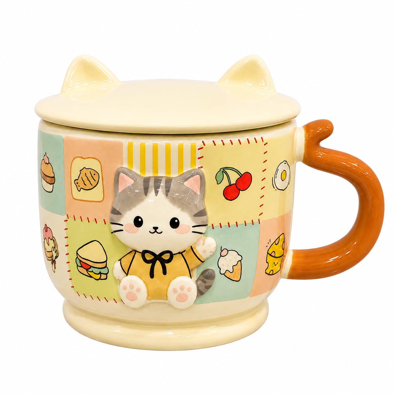 Cute Cat Ceramic Coffee Mug with Cat Ears Lid & Tail Handle | 3D Patchwork Tea Cup for Milk, Soup, & Hot Cocoa | Kawaii Brown Drinkware Gift for Cat Lovers (Character May Vary)
