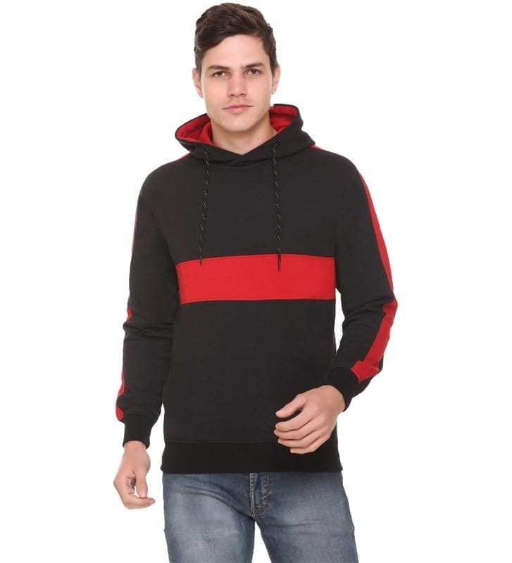 Men's Casual Striped Fleece Hooded Neck T-Shirt (Black, M)-PID47727