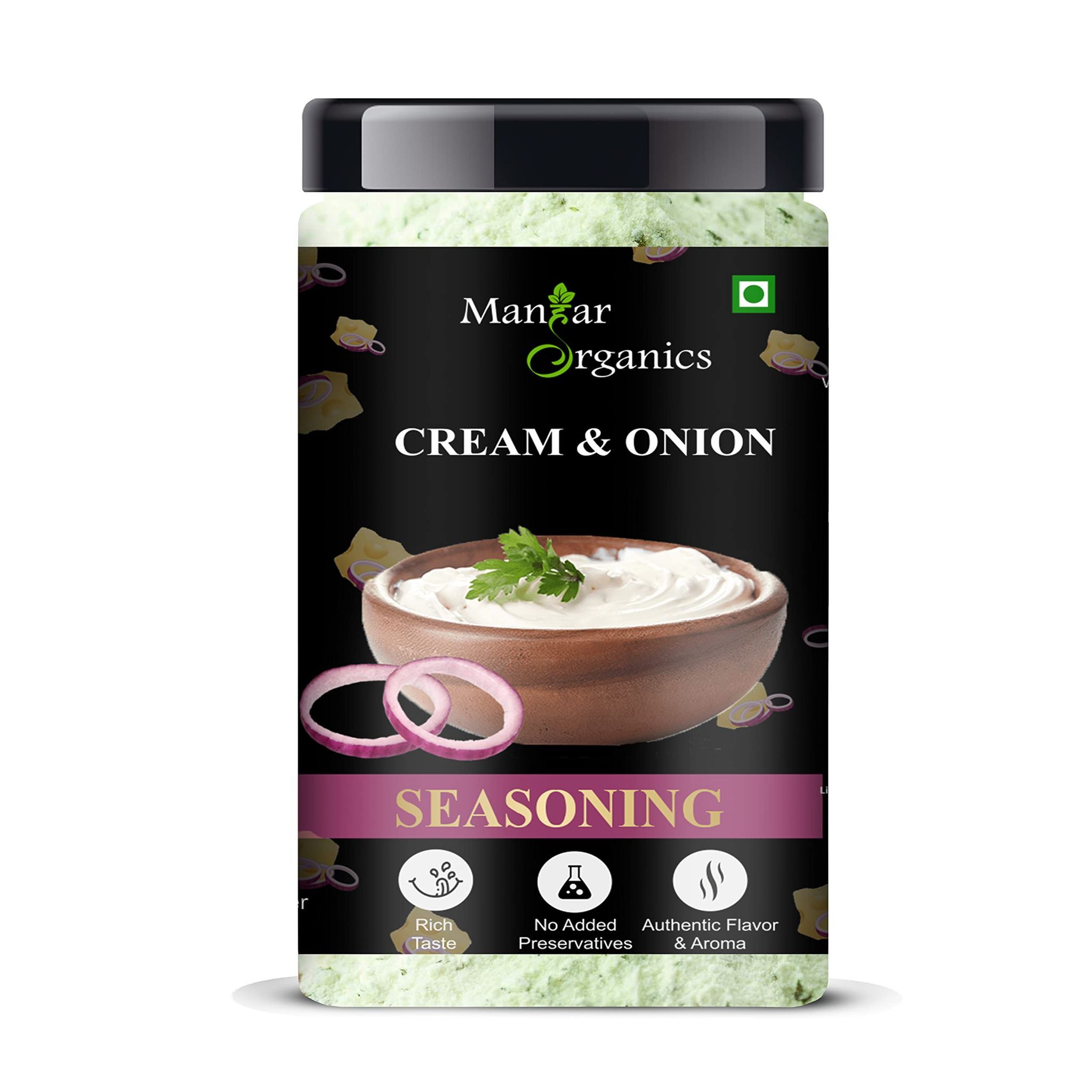 ManHar Organics Cream & Onion Seasoning Powder | Rich, Savory Flavour Enhancer for Snacks, Fries, Popcorn & More | Jar 500gm