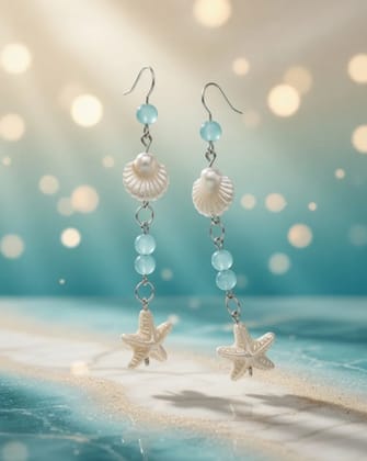 UNER Coastal Beach Style Starfish & Shell Dangle Earrings with Blue Beads - Elegant Boho Summer Jewellery