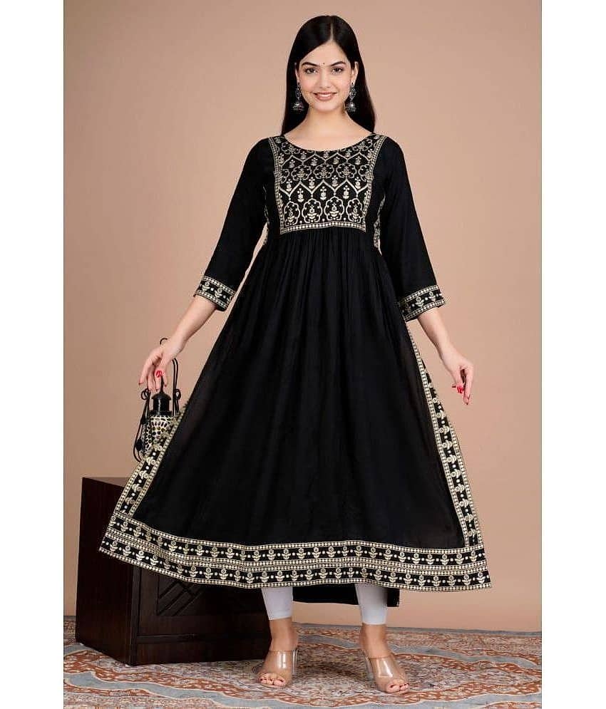 FABRR Rayon Embroidered Straight Women's Kurti - Black ( Pack of 1 )