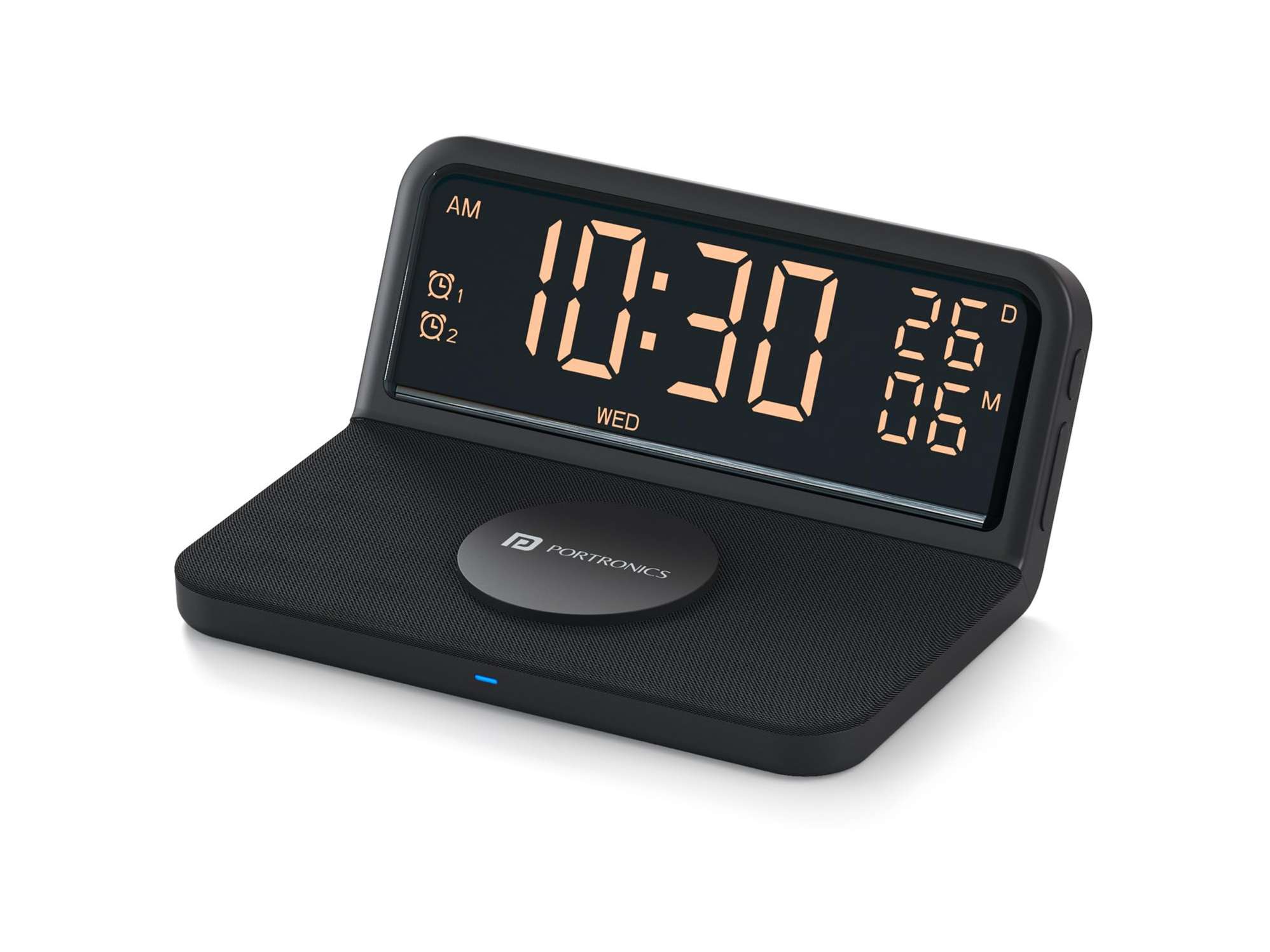 Portronics Freedom 4E 15W Wireless Charger with Dual Alarm Clock, Date Display, Soft Fabric Charging Pad, 3 Display Mode, iPhone