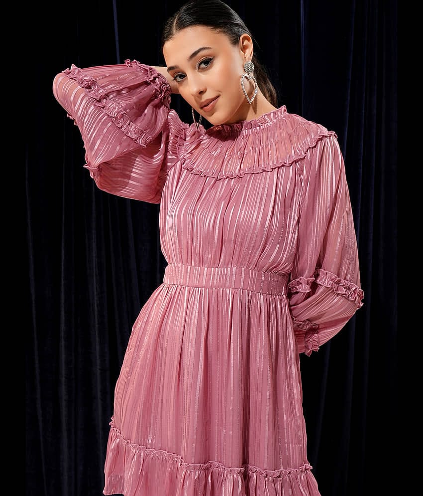 Tokyo Talkies Women Polyester Embellished Fit & Flare Dress ( Pink )