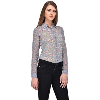 Purys Women Blue Poly Cotton Floral Casual Shirt