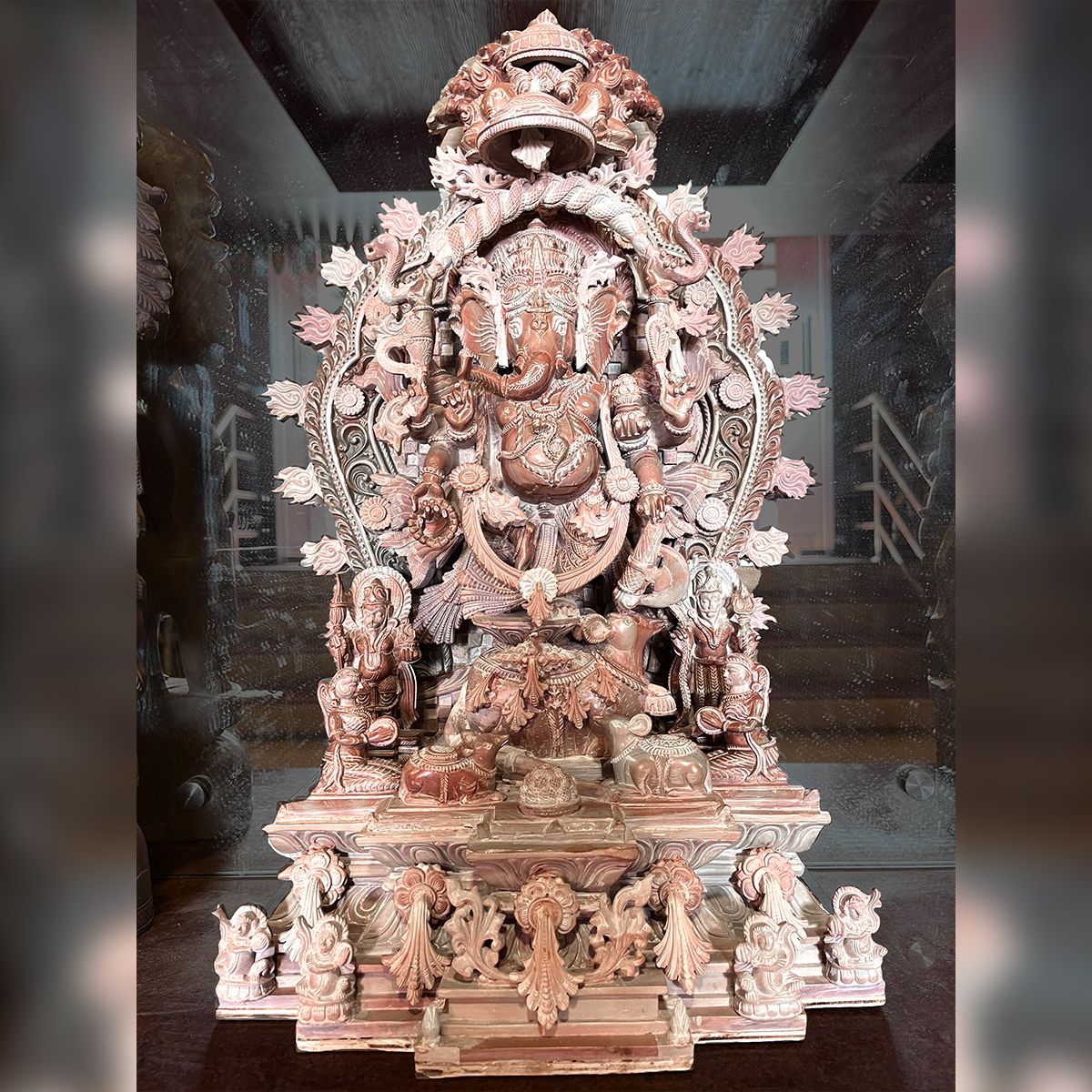 Lord Ganesha Khanja work Pink stone statue