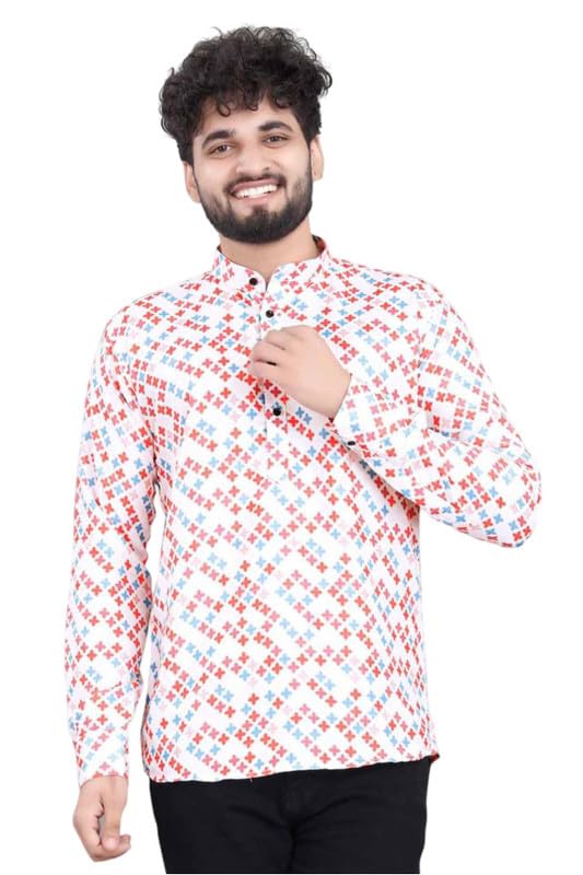 Men's Cotton Blended Printed Full Sleeve Shortkurta (Multicolor, M)-PID53476