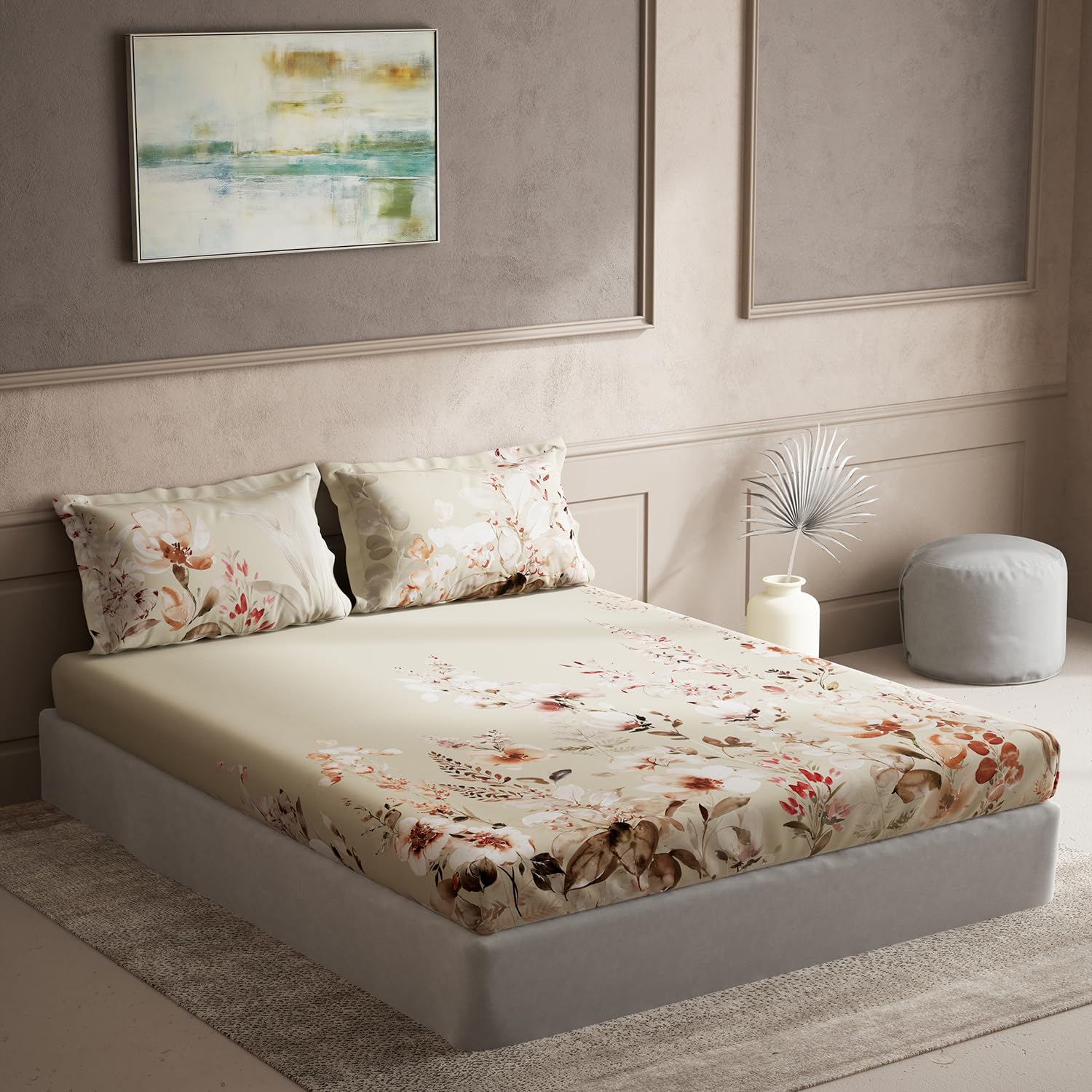 DDECOR - Cherish Collection 100% Cotton Floral Pattern 150TC Super King |274 CM X 274 CM| with 2 Pillow Covers - Beige
