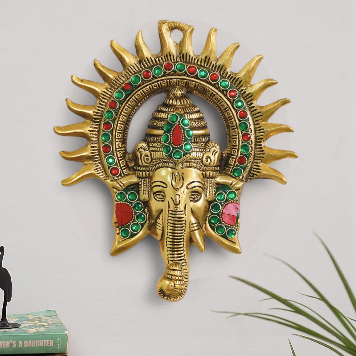 Dreamkraft Ganesha Idol with Surya Chakra | Wall Hanging Ganesh Murti for Home Mandir, Office, Puja Room, Gift, Diwali, Vastu | Rajasthani Handicraft Decorative Showpiece (Golden)