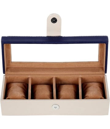 Leather World 4 Compartments 2 Liter Beige PU Leather Designer Watch Display Case with Clasp Closure Travel Bag