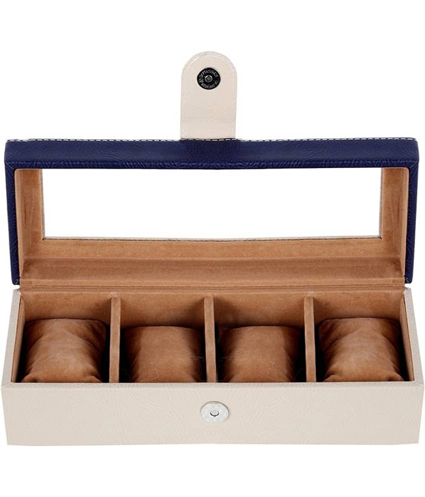 Leather World 4 Compartments 2 Liter Beige PU Leather Designer Watch Display Case with Clasp Closure Travel Bag