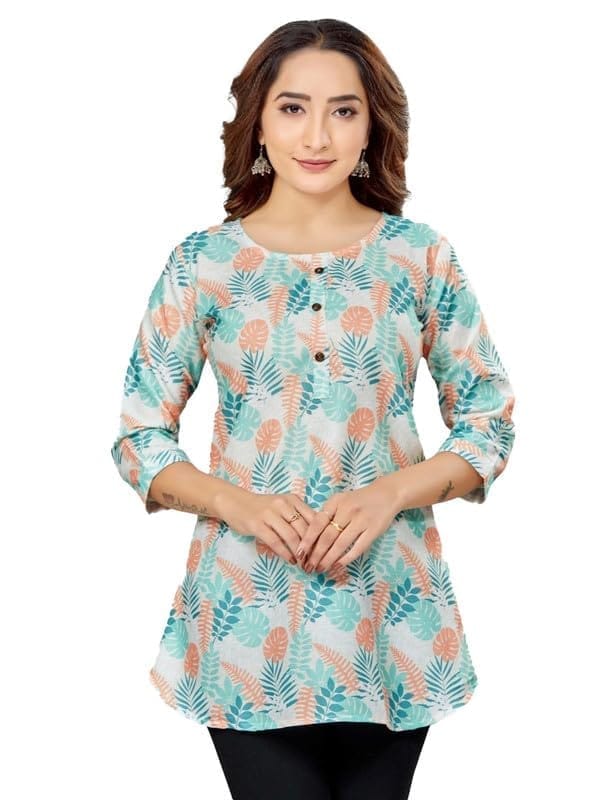 Women's Cotton Blend Round Neck 3/4 Sleeves Short Top (Cream, 3XL)-PID56230