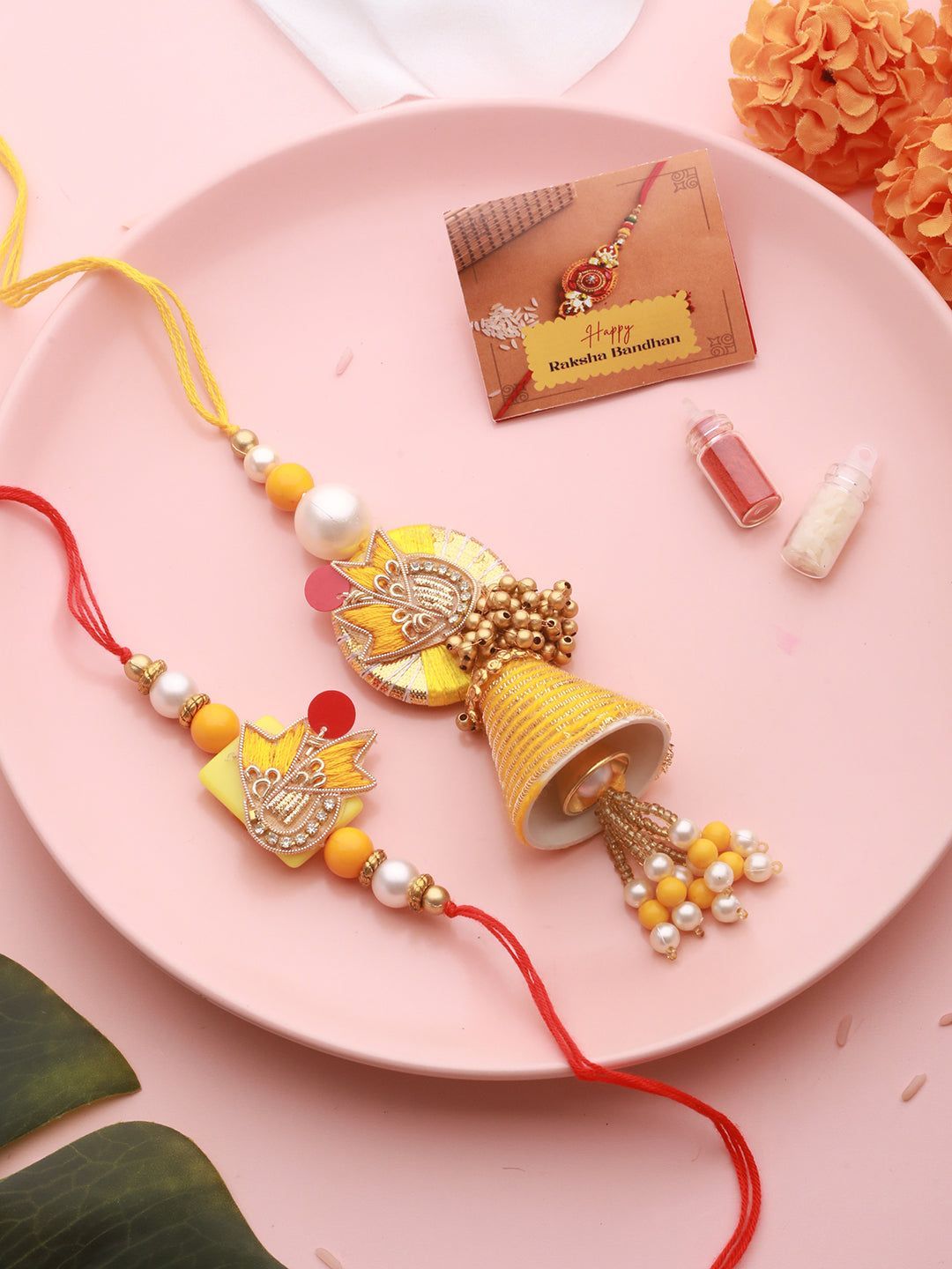 Set of 2 Yellow Designer Zardozi & Pearl Beaded Handcrafted Lumba Rakhi Set For Bhaiya & Bhabhi