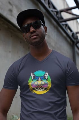 V Neck T-Shirt (Men) - Cat With Glasses (6 Colours)