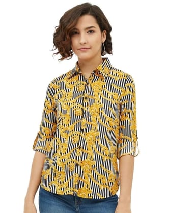 Women's Polyester Printed Roll Up Sleeve Standard Length Shirt (Mustared, L)-PID55840