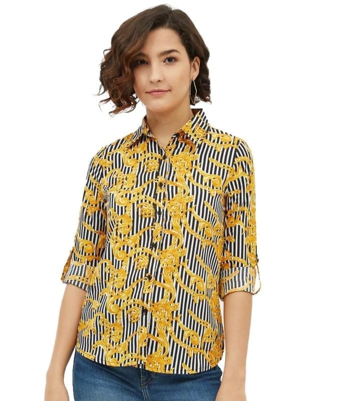 Women's Polyester Printed Roll Up Sleeve Standard Length Shirt (Mustared, L)-PID55840