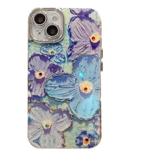 Eliza - Girls Colorful Retro Oil Painting Butterfly Design Shiny Diamond Blue Flower iPhone Case iPhone 15 PLUS