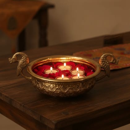 Brass Peacock Design Urli Bowl | Decorative Brass Urli | Peacock Diya Urli for Home Decor & Diwali, Height : 3.5 Inch (ATMAS091 B)