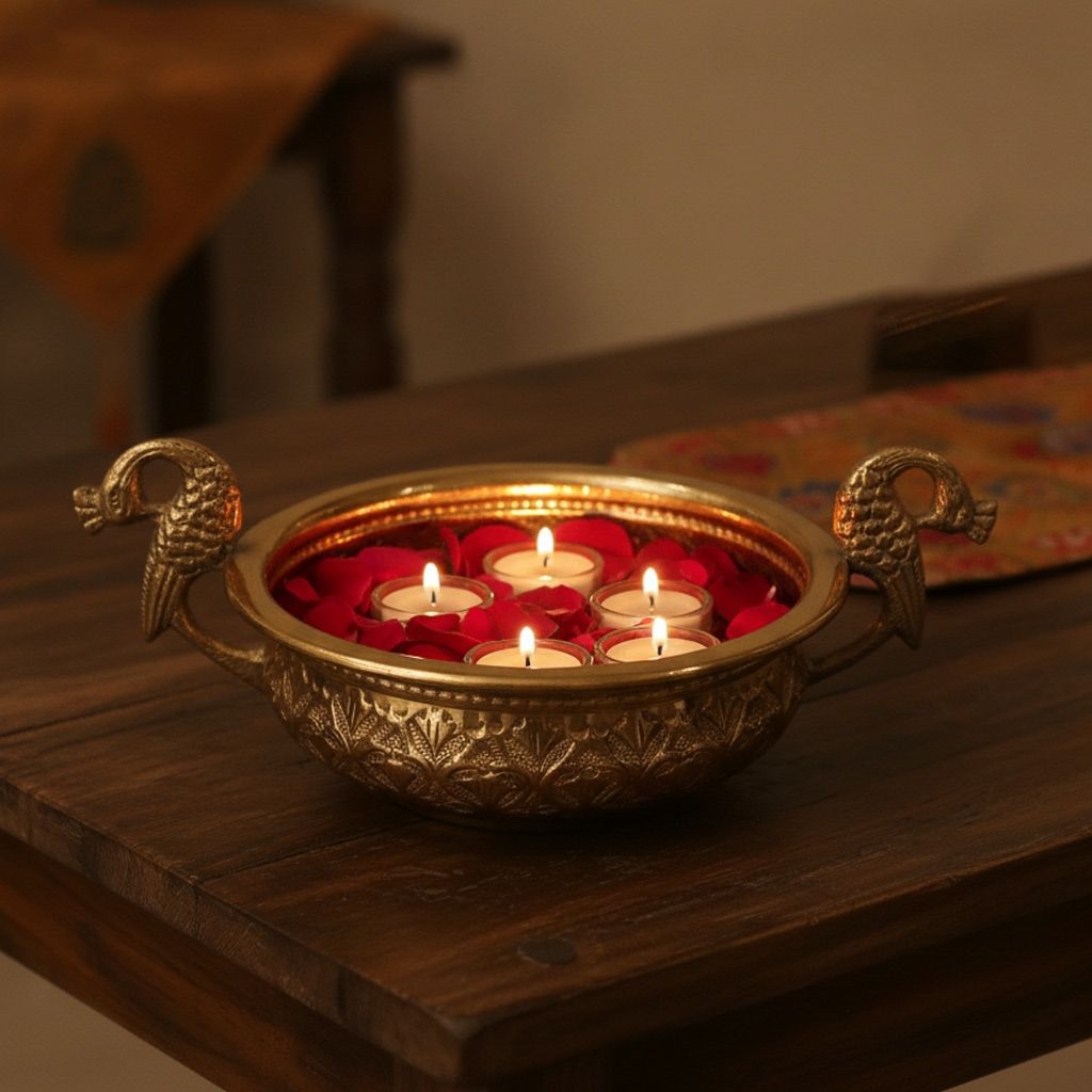 Brass Peacock Design Urli Bowl | Decorative Brass Urli | Peacock Diya Urli for Home Decor & Diwali, Height : 3.5 Inch (ATMAS091 B)