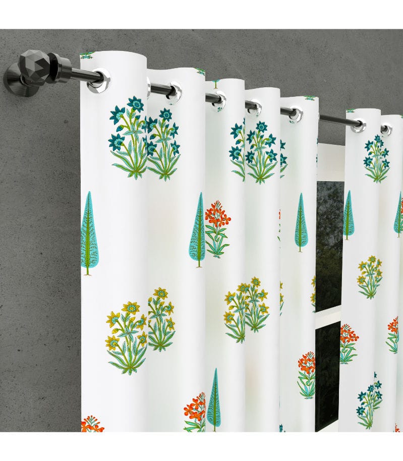Jaipur Bloom Curtains Hand Block Print in Sea Green with Trees & Flowers. ( 7 feet )