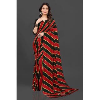 Red Colour Stripped Pure Georgette Printed Saree With Blouse Piece