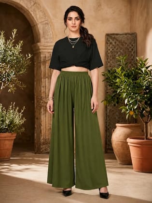 UneR Women's Olive Green Rayon Palazzo Pants | High Waisted Wide Leg Flared Parallel Trousers | Loose Fit Regular Wear Plazo for Girls