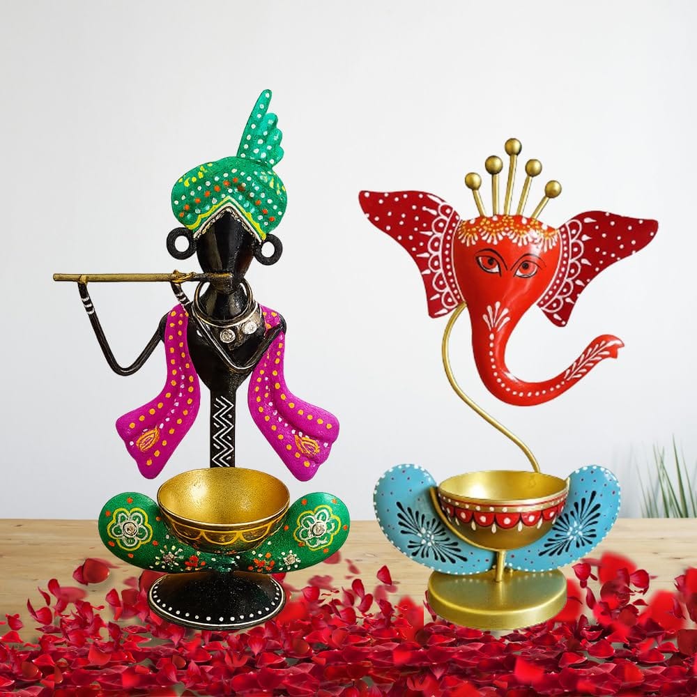 Handcrafted Metal Krishna & Ganesh Tea Light Holder Set, Traditional Hand-Painted Diya Stand, Festival Decor, Multicolour, Set of 2